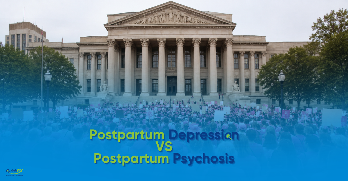 Crowd holding pink signs outside a courthouse, with text reading Postpartum Depression vs Postpartum Psychosis