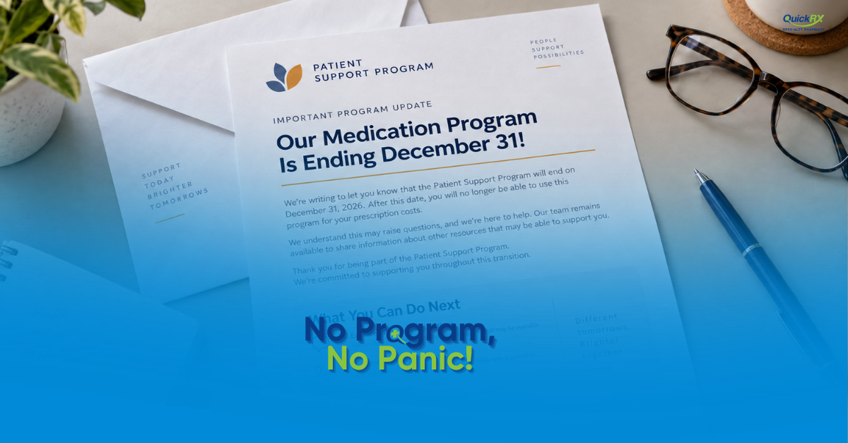 Older woman at a kitchen table reading a letter about her prescription copay program ending