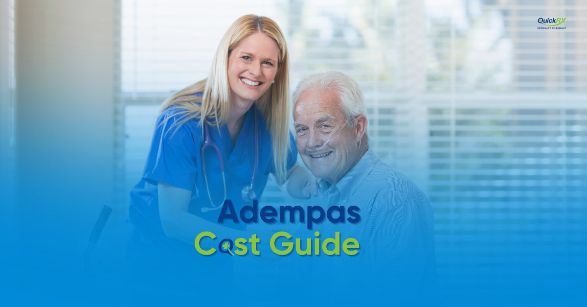 Smiling nurse in blue scrubs with an older man using nasal oxygen tubing, with the words "Adempas Cost Guide"