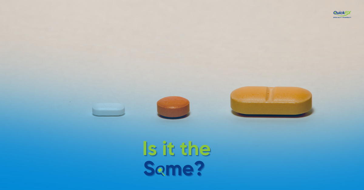 Three tablets in different colors and shapes on a blue background with the words "Is it the Same?", illustrating how generic riociguat can look different from brand Adempas