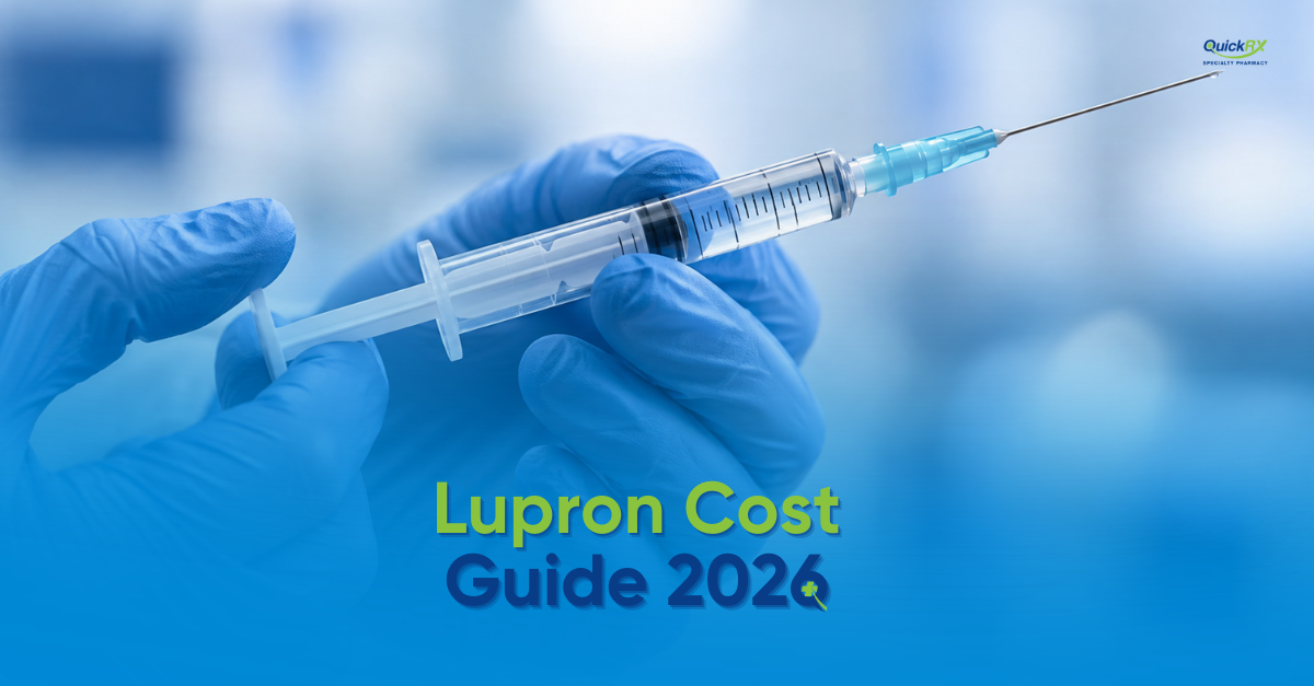 Gloved hands holding an injection syringe with the title Lupron Cost Guide 2026 from QuickRx Specialty Pharmacy
